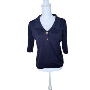 CHANEL Womens Navy Blue Knit Polo Shirt Size FR 42 Gold Flower Button Chic